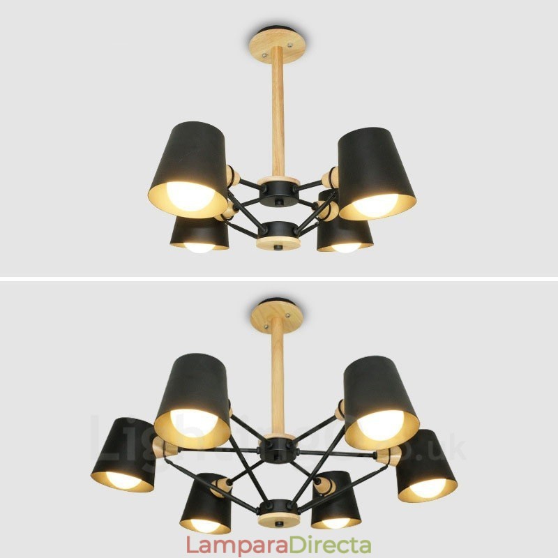 Lámpara colgante de estilo nórdico contemporáneo moderno de madera de 4 luces con pantalla de hierro