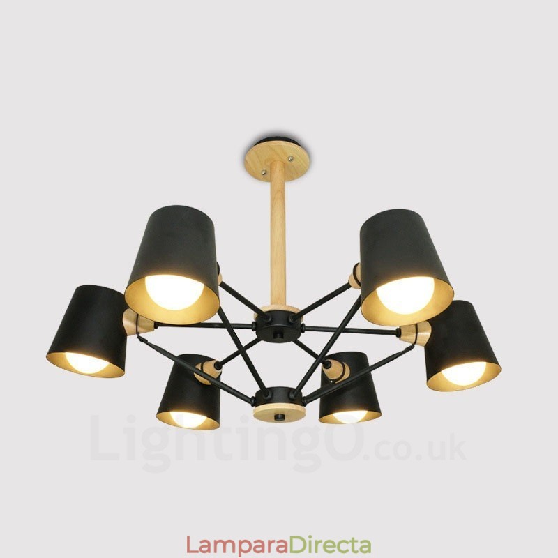 Lámpara colgante de estilo nórdico contemporáneo moderno de madera de 6 luces con pantalla de hierro