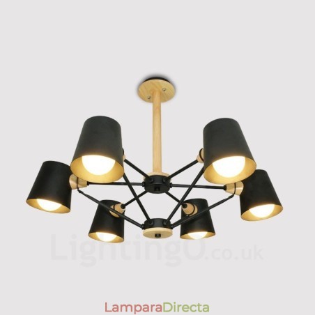 Lámpara colgante de estilo nórdico contemporáneo moderno de madera de 6 luces con pantalla de hierro Lámpara colgante de estilo nórdico contemporáneo moderno de madera de 6 luces con pantalla de hierro