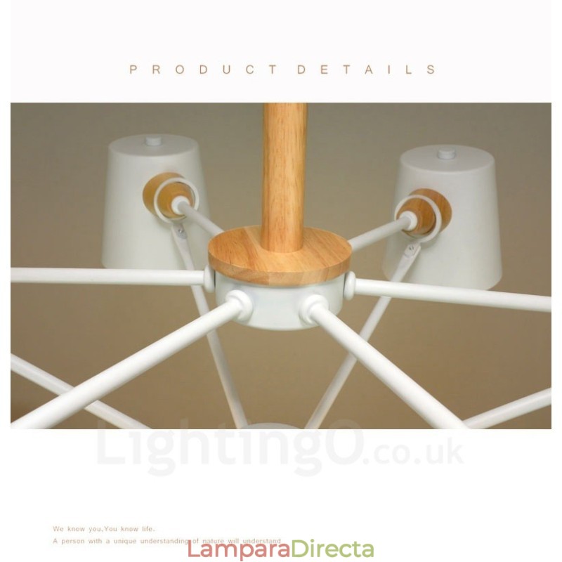 Lámpara colgante de estilo nórdico contemporáneo moderno de madera de 6 luces con pantalla de hierro