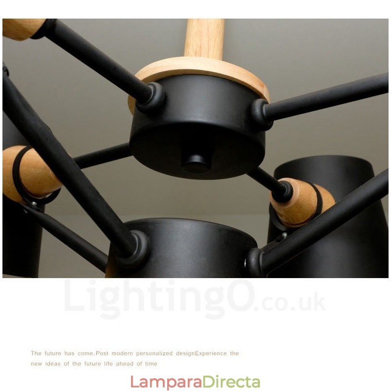 Lámpara colgante de estilo nórdico contemporáneo moderno de madera de 6 luces con pantalla de hierro
