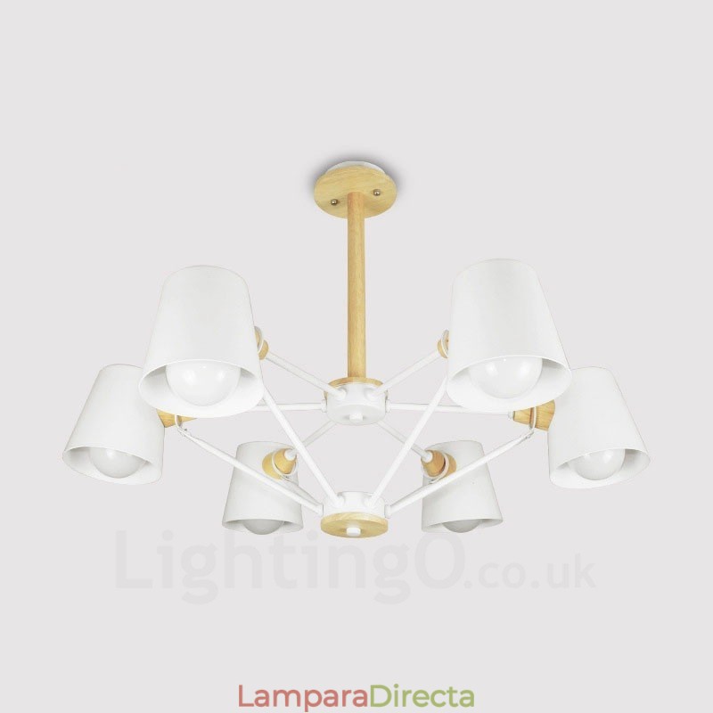 Lámpara colgante de estilo nórdico contemporáneo moderno de madera de 6 luces con pantalla de hierro