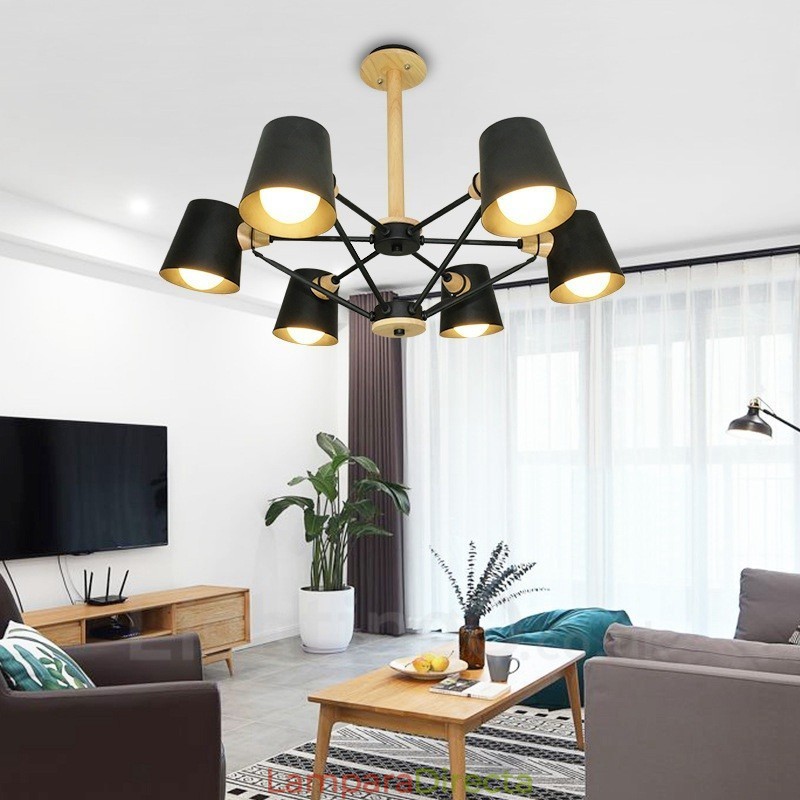 Lámpara colgante de estilo nórdico contemporáneo moderno de madera de 6 luces con pantalla de hierro