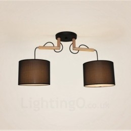 Lámpara colgante contemporánea moderna de madera de 2 luces con pantalla de tela