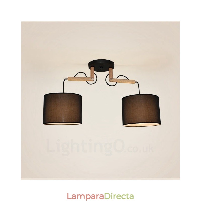 Lámpara colgante contemporánea moderna de madera de 2 luces con pantalla de tela