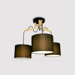 Lámpara colgante contemporánea moderna de madera de 3 luces con pantalla de tela