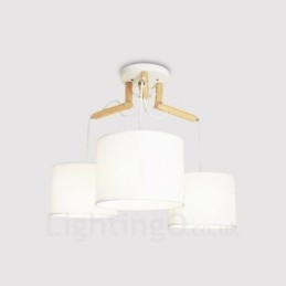 Lámpara colgante contemporánea moderna de madera de 3 luces con pantalla de tela