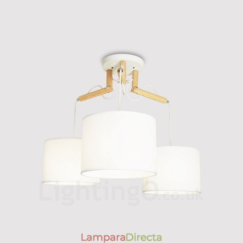 Lámpara colgante contemporánea moderna de madera de 3 luces con pantalla de tela