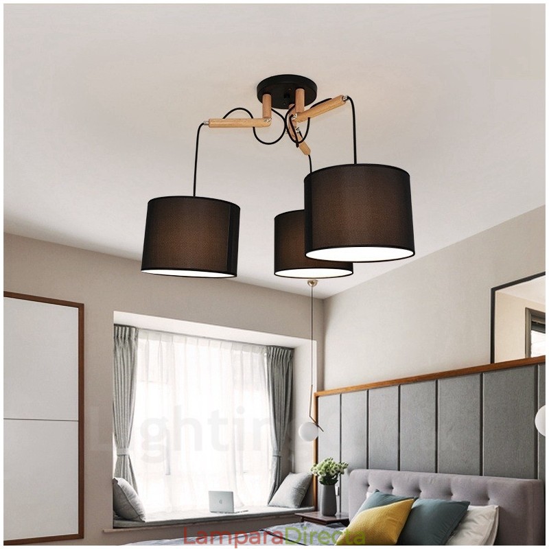 Lámpara colgante contemporánea moderna de madera de 3 luces con pantalla de tela