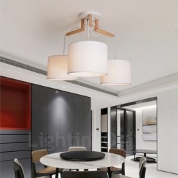 Lámpara colgante contemporánea moderna de madera de 3 luces con pantalla de tela