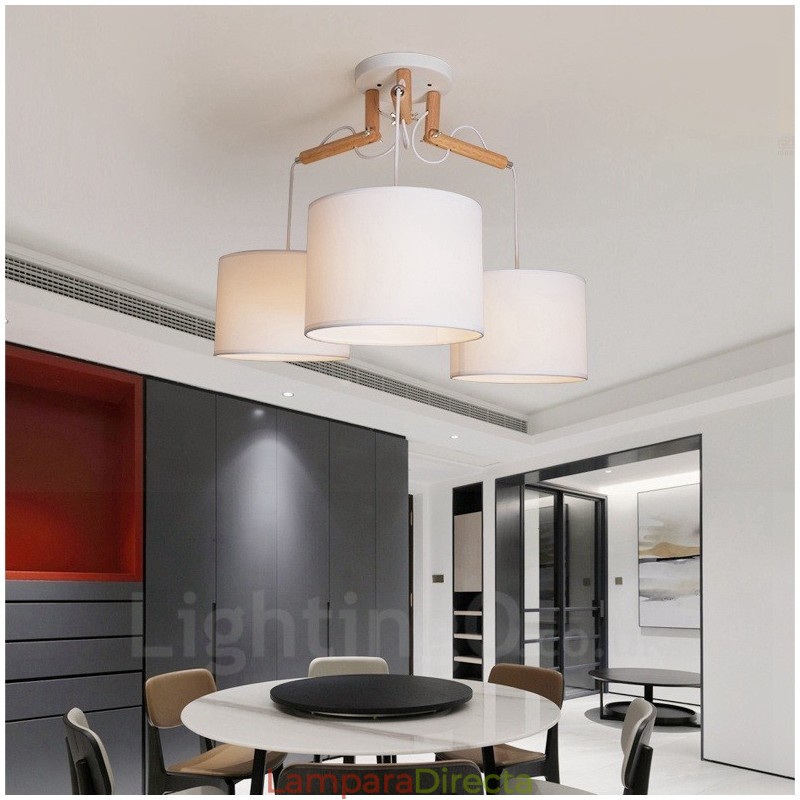Lámpara colgante contemporánea moderna de madera de 3 luces con pantalla de tela