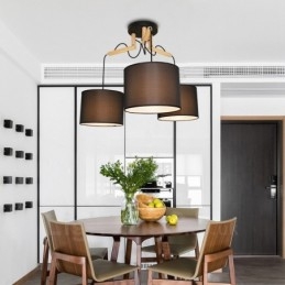 Lámpara colgante contemporánea moderna de madera de 3 luces con pantalla de tela