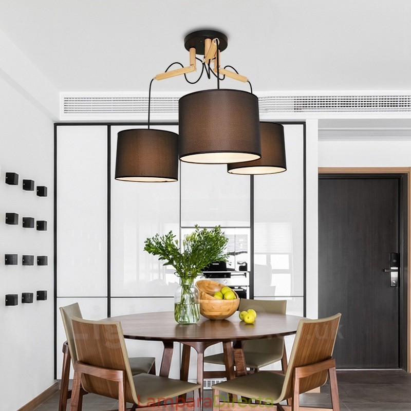 Lámpara colgante contemporánea moderna de madera de 3 luces con pantalla de tela