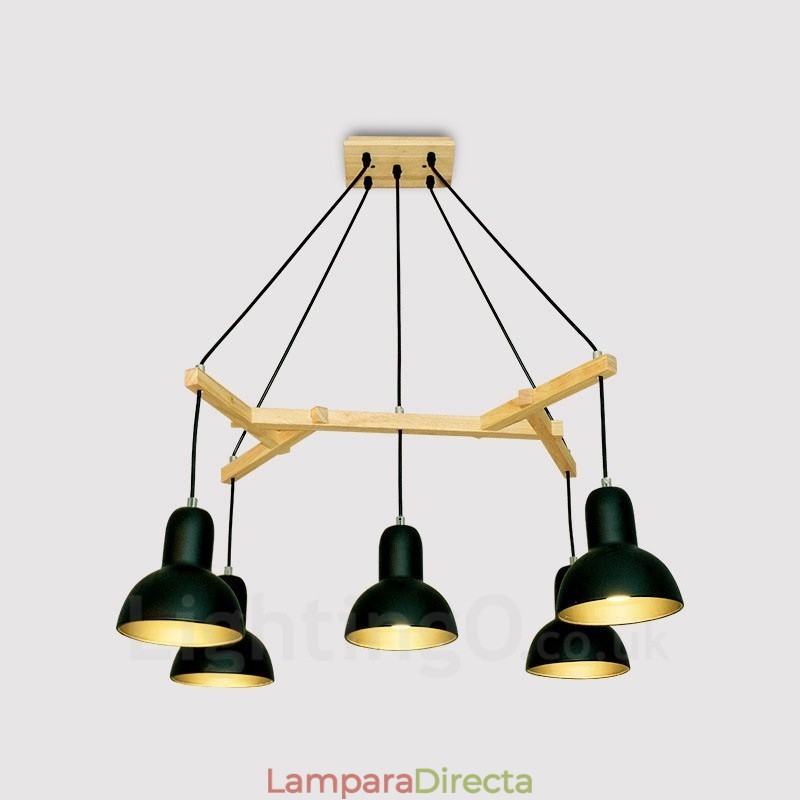 Lámpara colgante contemporánea moderna de madera de 5 luces con pantalla de hierro