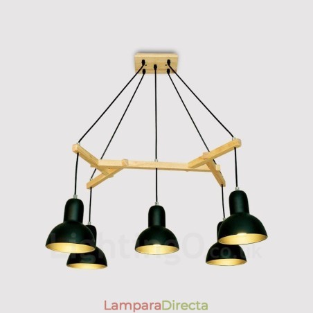 Lámpara colgante contemporánea moderna de madera de 5 luces con pantalla de hierro Lámpara colgante contemporánea moderna de madera de 5 luces con pantalla de hierro