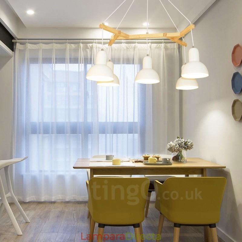 Lámpara colgante contemporánea moderna de madera de 5 luces con pantalla de hierro