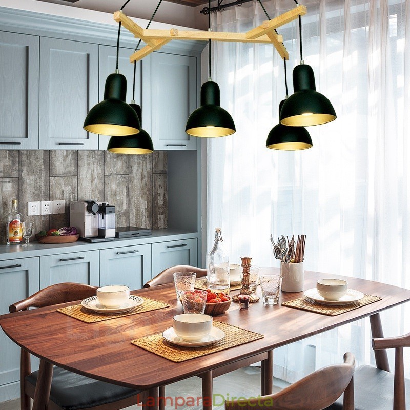 Lámpara colgante contemporánea moderna de madera de 5 luces con pantalla de hierro
