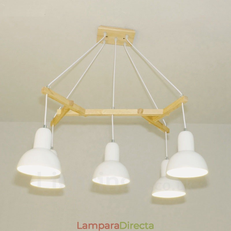 Lámpara colgante contemporánea moderna de madera de 5 luces con pantalla de hierro