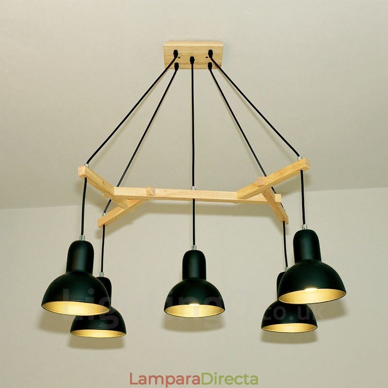 Lámpara colgante contemporánea moderna de madera de 5 luces con pantalla de hierro