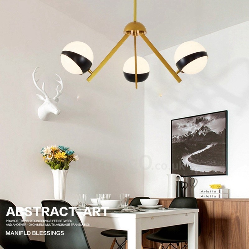 Lámpara de techo de 3 luces de estilo nórdico contemporáneo moderno con pantalla de cristal en forma de bola en blanco y negro