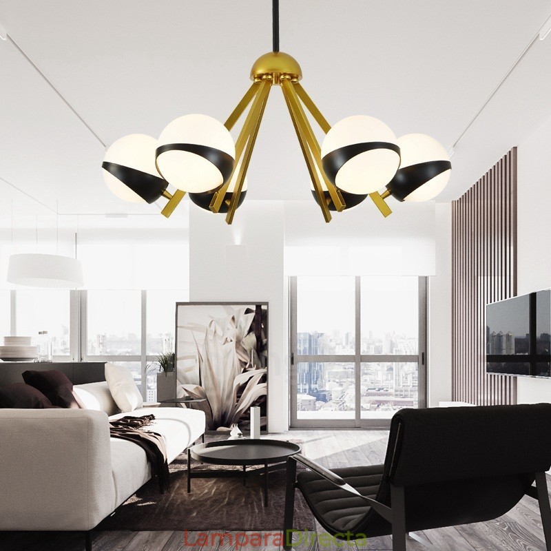 Lámpara de techo de estilo nórdico contemporáneo moderno de 6 luces con pantalla de cristal en forma de bola en blanco y negro