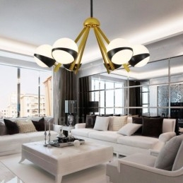 Lámpara de techo de estilo nórdico contemporáneo moderno de 6 luces con pantalla de cristal en forma de bola en blanco y negro