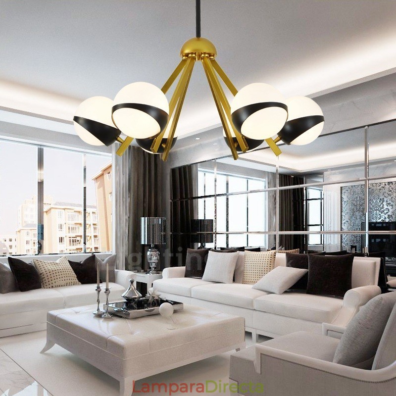 Lámpara de techo de estilo nórdico contemporáneo moderno de 6 luces con pantalla de cristal en forma de bola en blanco y negro