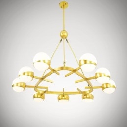 Lámpara de techo de estilo nórdico contemporáneo moderno de 9 luces con baño de cobre y pantalla de cristal esférico dorado y blanco.