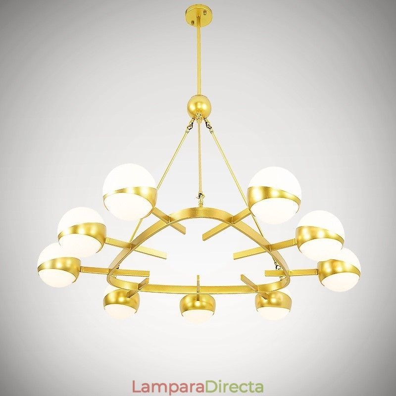 Lámpara de techo de estilo nórdico contemporáneo moderno de 9 luces con baño de cobre y pantalla de cristal esférico dorado y blanco.