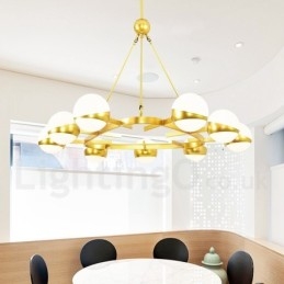 Lámpara de techo de estilo nórdico contemporáneo moderno de 9 luces con baño de cobre y pantalla de cristal esférico dorado y blanco.