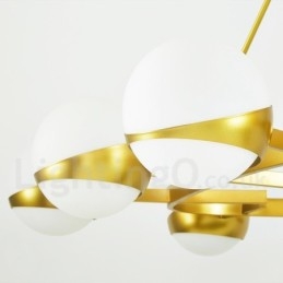 Lámpara de techo de estilo nórdico contemporáneo moderno de 9 luces con baño de cobre y pantalla de cristal esférico dorado y blanco.