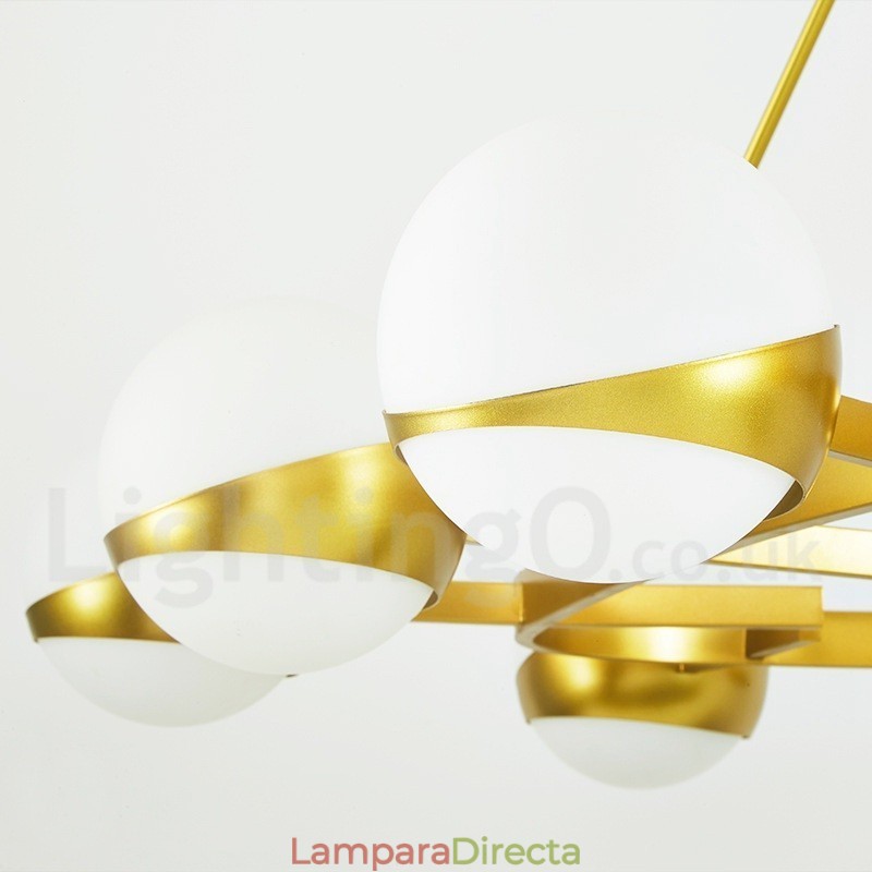 Lámpara de techo de estilo nórdico contemporáneo moderno de 9 luces con baño de cobre y pantalla de cristal esférico dorado y blanco.