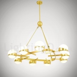 Lámpara de techo de estilo nórdico contemporáneo moderno de 9 luces con baño de cobre y pantalla de cristal esférico dorado y blanco.