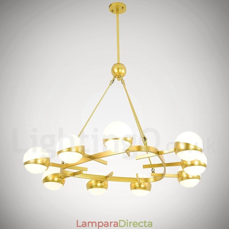 Lámpara de techo de estilo nórdico contemporáneo moderno de 9 luces con baño de cobre y pantalla de cristal esférico dorado y blanco.