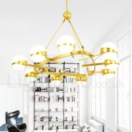 Lámpara de techo de estilo nórdico contemporáneo moderno de 9 luces con baño de cobre y pantalla de cristal esférico dorado y blanco.