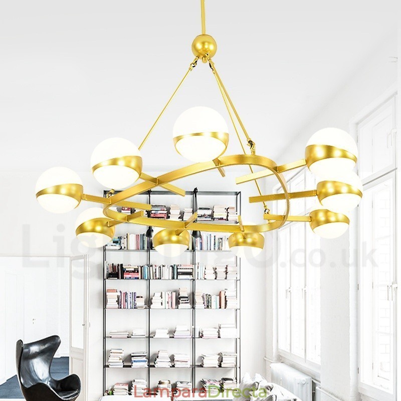 Lámpara de techo de estilo nórdico contemporáneo moderno de 9 luces con baño de cobre y pantalla de cristal esférico dorado y blanco.