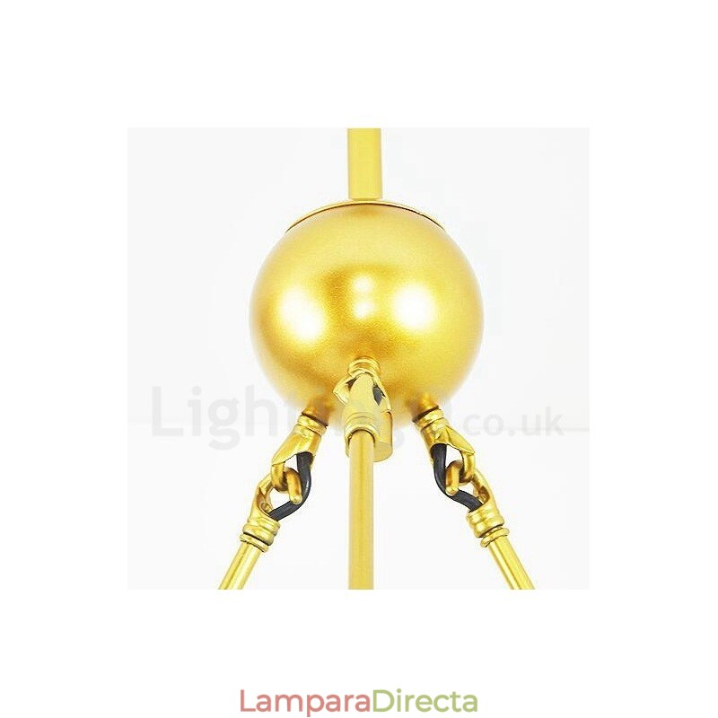 Lámpara de techo de estilo nórdico contemporáneo moderno de 9 luces con baño de cobre y pantalla de cristal esférico dorado y blanco.