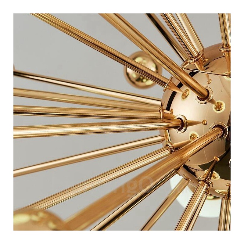Lámpara de techo moderna y contemporánea de 11 luces con revestimiento de cobre y pantalla de cristal con forma de bola blanca.