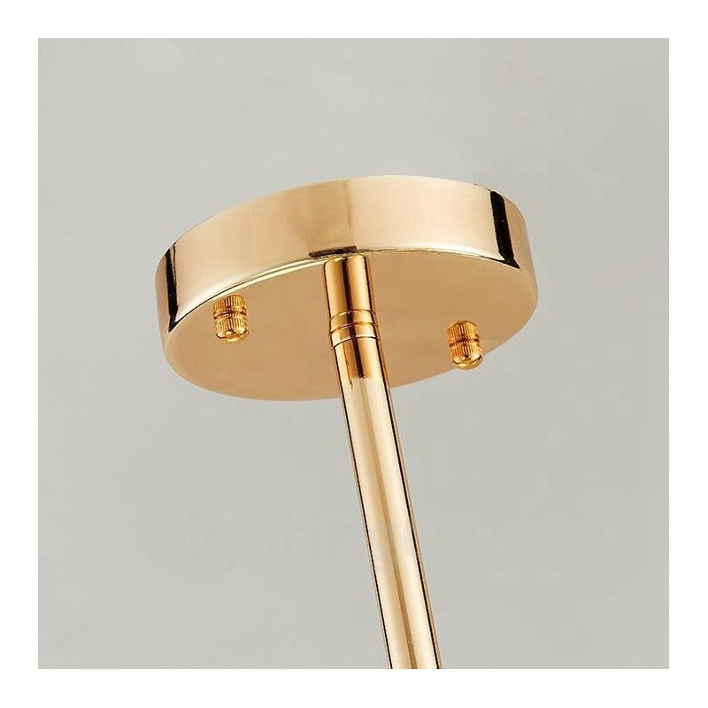 Lámpara de techo moderna y contemporánea de 18 luces con baño de cobre y pantalla de cristal con forma de bola blanca.