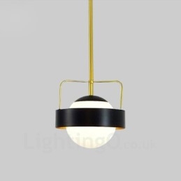 Lámpara de techo moderna contemporánea de 1 luz, lámpara colgante con baño de cobre y pantalla de cristal esférico blanco y negro.