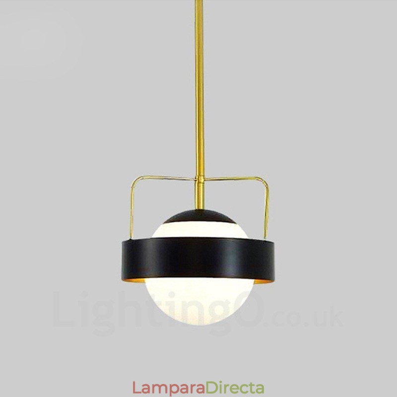 Lámpara de techo moderna contemporánea de 1 luz, lámpara colgante con baño de cobre y pantalla de cristal esférico blanco y negro.