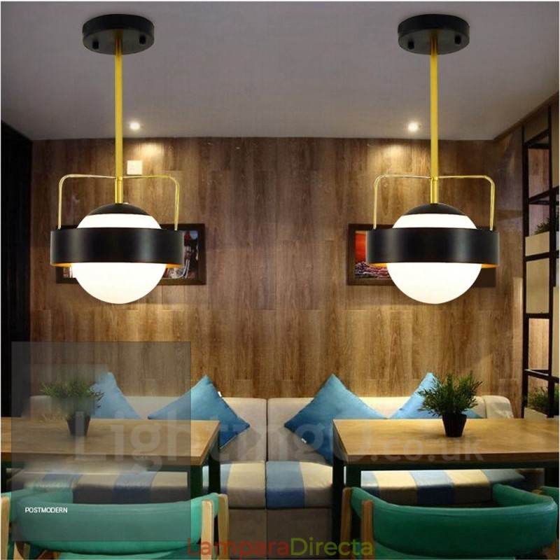 Lámpara de techo moderna contemporánea de 1 luz, lámpara colgante con baño de cobre y pantalla de cristal esférico blanco y negro.