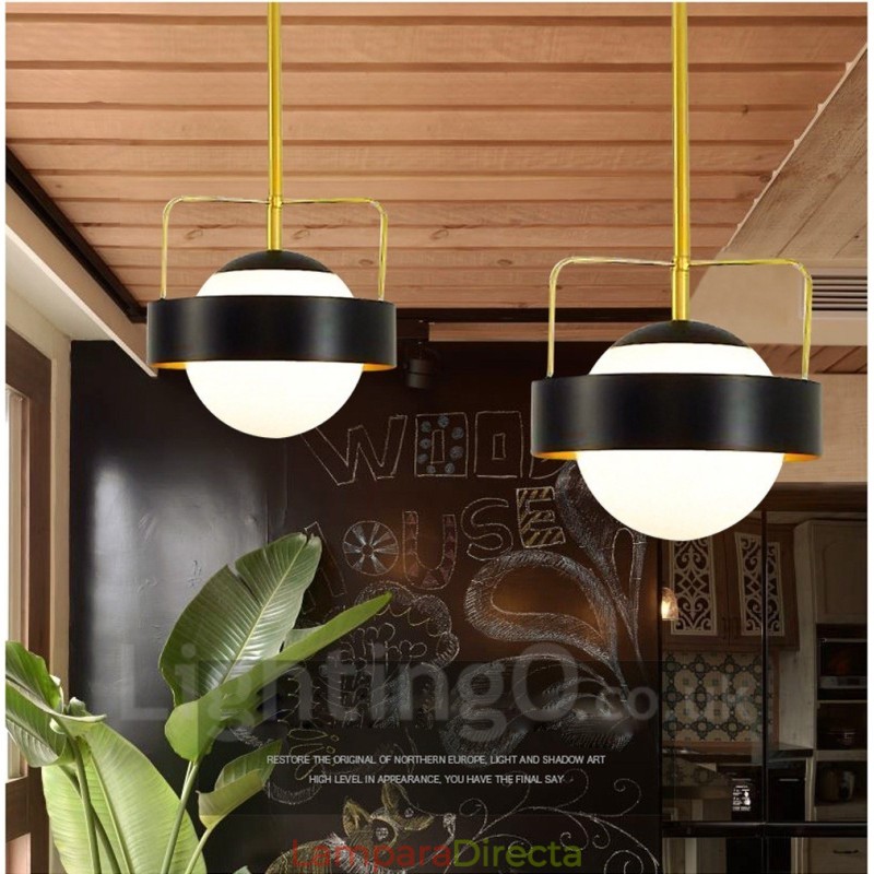 Lámpara de techo moderna contemporánea de 1 luz, lámpara colgante con baño de cobre y pantalla de cristal esférico blanco y negro.