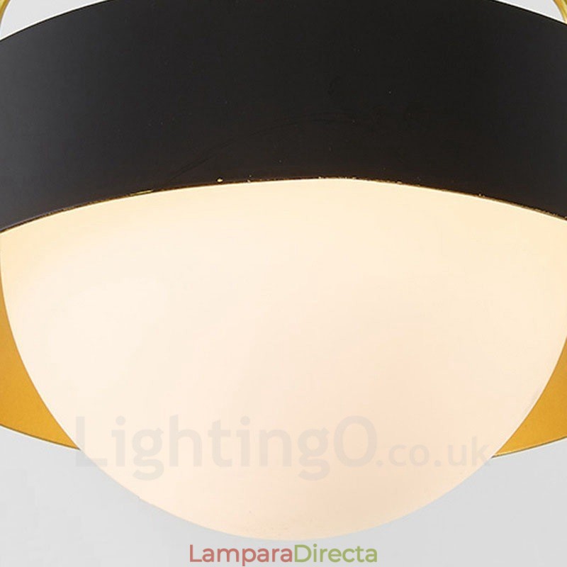 Lámpara de techo moderna contemporánea de 1 luz, lámpara colgante con baño de cobre y pantalla de cristal esférico blanco y negro.