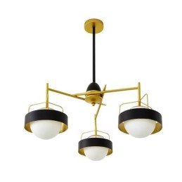 Lámpara de techo moderna contemporánea de 3 luces con baño de cobre y pantalla de cristal esférico blanco y negro.