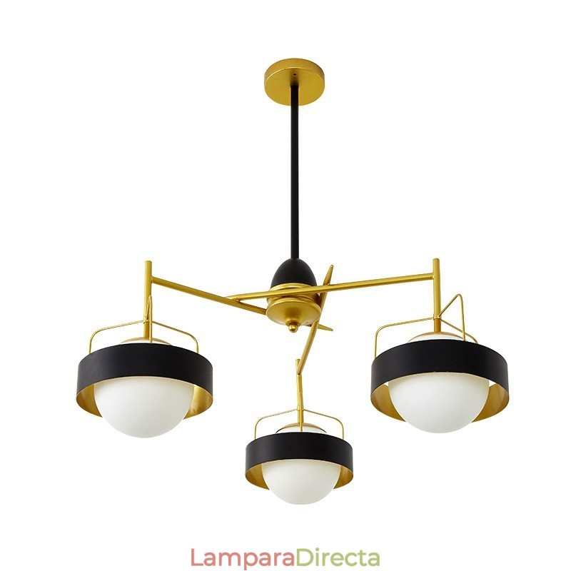 Lámpara de techo moderna contemporánea de 3 luces con baño de cobre y pantalla de cristal esférico blanco y negro.