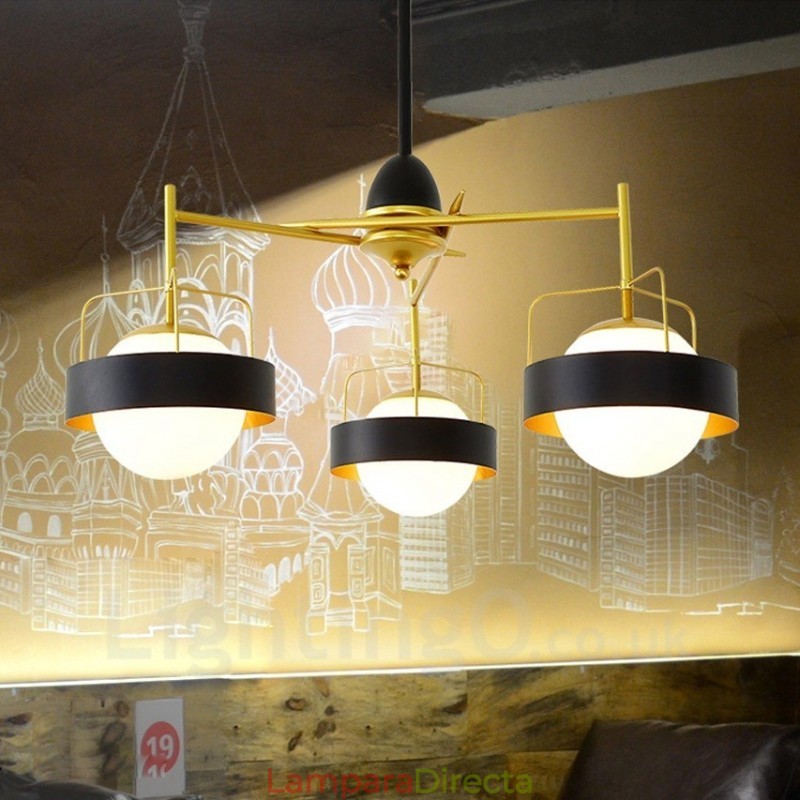 Lámpara de techo moderna contemporánea de 3 luces con baño de cobre y pantalla de cristal esférico blanco y negro.