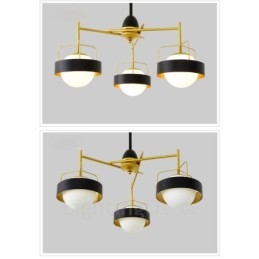 Lámpara de techo moderna contemporánea de 3 luces con baño de cobre y pantalla de cristal esférico blanco y negro.