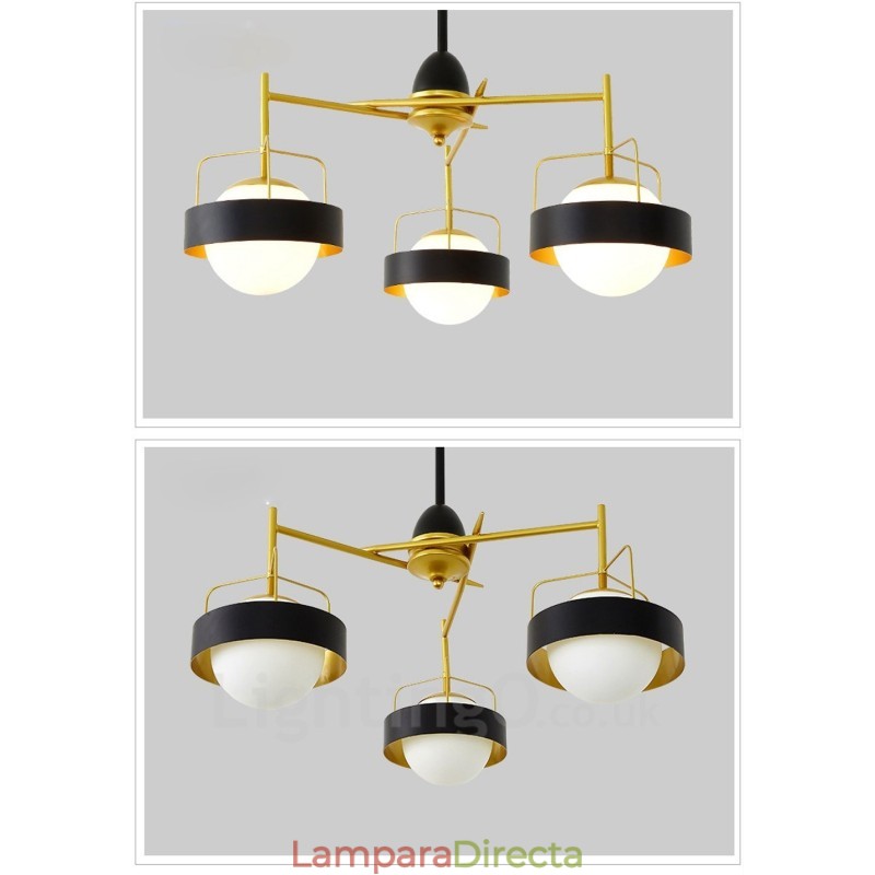 Lámpara de techo moderna contemporánea de 3 luces con baño de cobre y pantalla de cristal esférico blanco y negro.