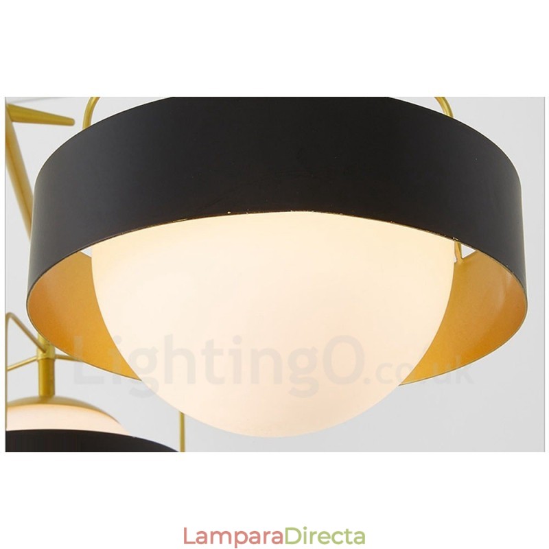 Lámpara de techo moderna contemporánea de 3 luces con baño de cobre y pantalla de cristal esférico blanco y negro.